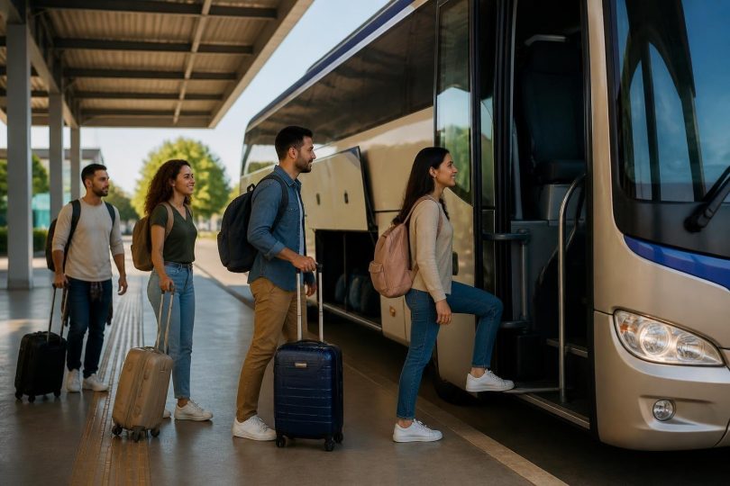 Passageiros na plataforma embarcando em ônibus entre Cuiabá e Sinop