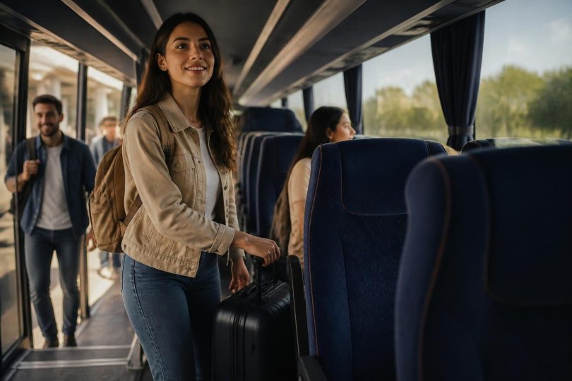 Passageiro com mala entrando em ônibus rodoviário pelo corredor, foco no interior e poltronas