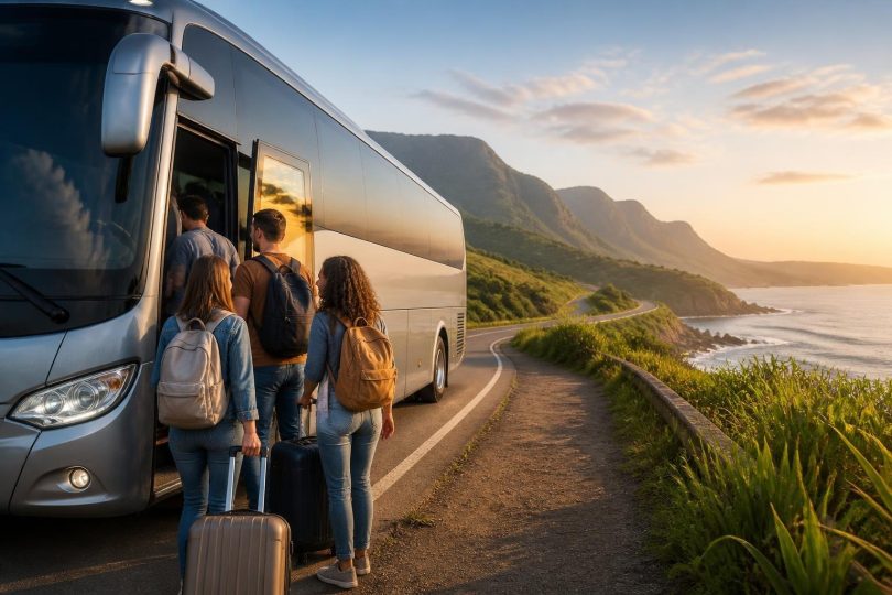 Passageiros embarcando em ônibus rodoviário em rodovia com paisagem ao fundo