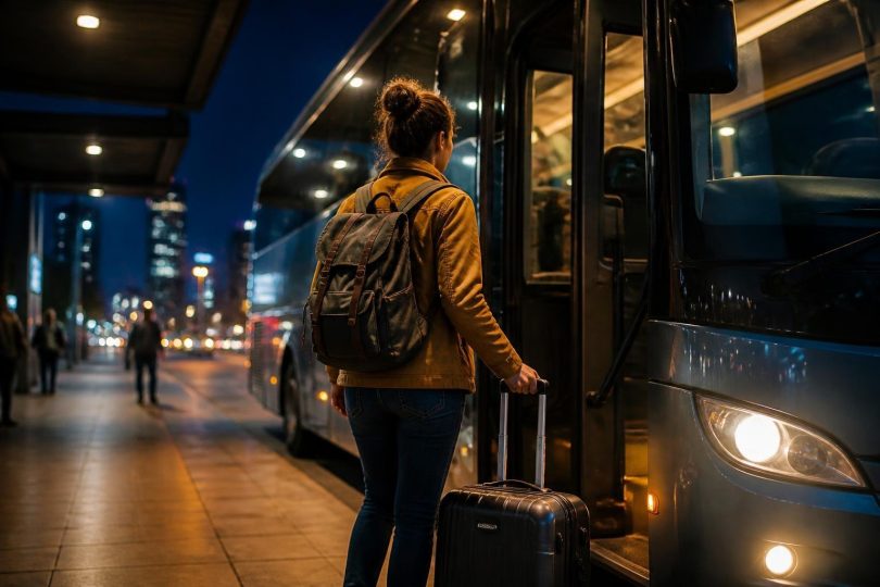 Pessoa viajando sozinha embarcando em ônibus com mala na estação à noite