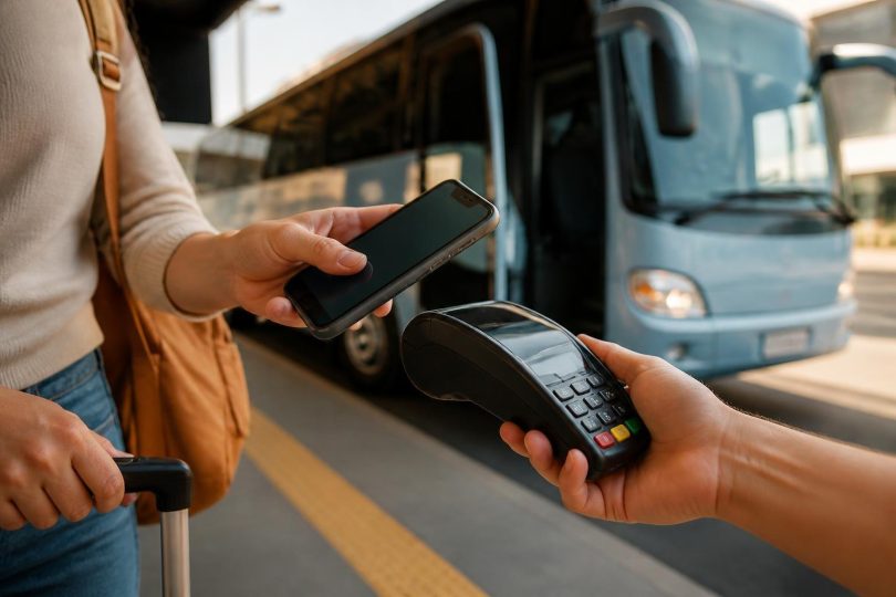Pessoa pagando passagem de ônibus com celular usando PIX