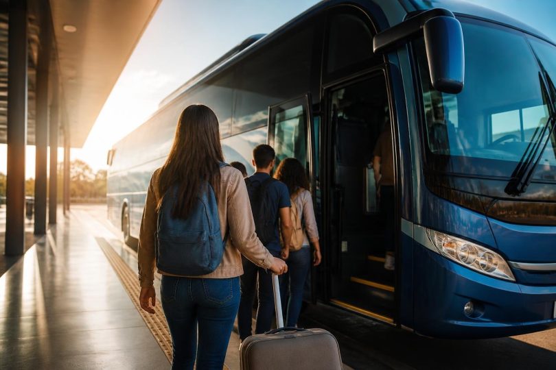 Passageiros embarcando em ônibus rodoviário em terminal urbano