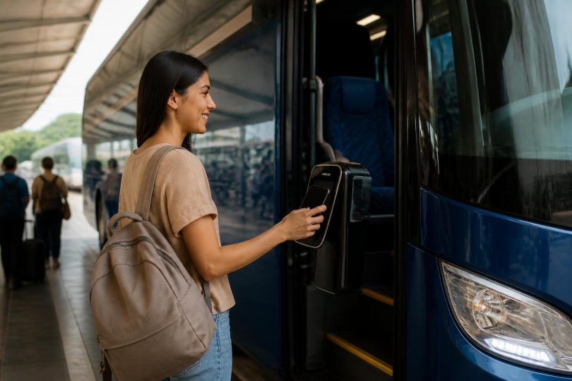 Usuário exibindo comprovante de pagamento Pix no celular para embarque de ônibus