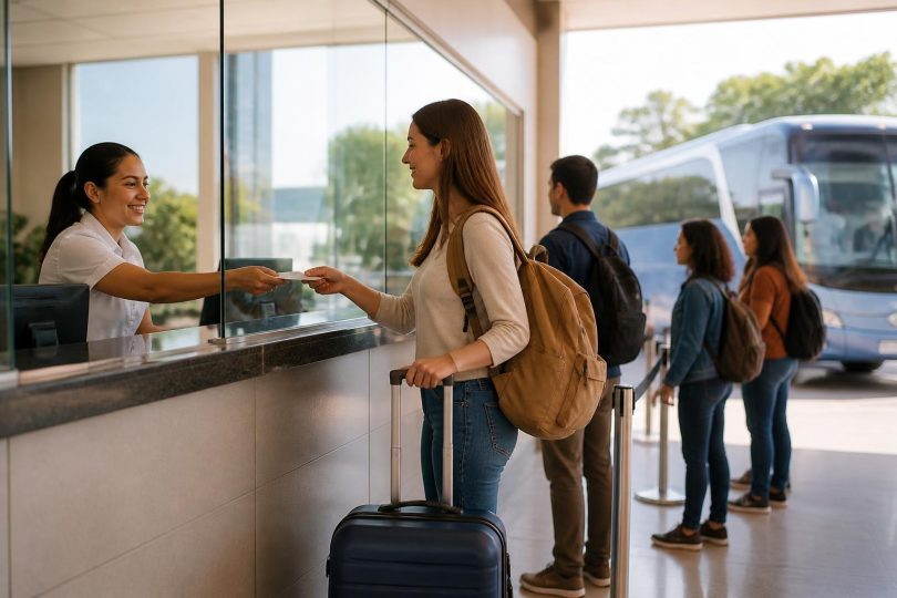 Consumidor comprando passagem de ônibus em terminal com atendimento digital