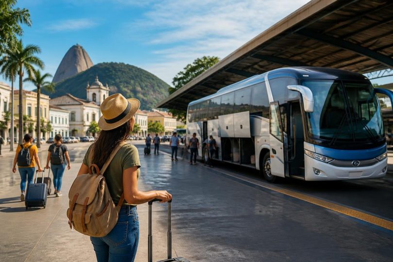 Plataforma de embarque em estação rodoviária com ônibus e passageiros com bagagem