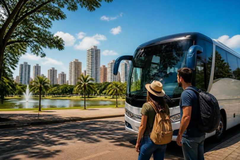 Passageiro com mochila entrando em ônibus na rodoviária rumo a atrações de Campo Grande