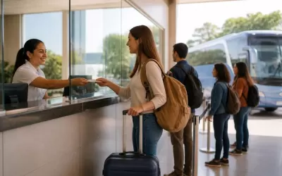 Consumidor comprando passagem de ônibus em terminal com atendimento digital