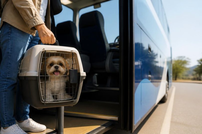 Cachorro em caixa de transporte sendo embarcado em ônibus